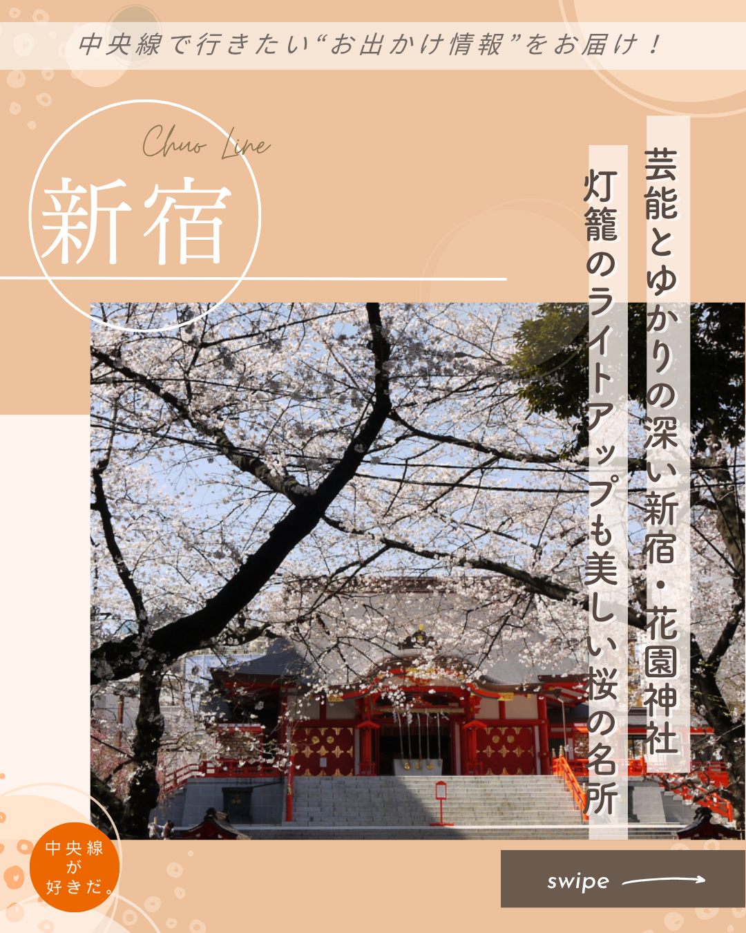 【#中央線神社さんぽ】
花園神社 / 📍 新宿駅・新宿区
大都会・新宿の総鎮守、花園神社。新宿駅から徒歩約7分、伊勢丹新宿店や歌舞伎町など繁華街からも近いため、外国人観光客といった参拝者が絶えることはない。もちろん、新宿を地元とする人や、働く人たちにも長く慕われる神社だ。
江戸時代に尾張徳川家の花園があった現在の場所に移転したと伝わり、その伝承が元となって花園神社と呼ばれる。
神社は何度か火事の被害を受けてきた。その際、境内で見せ物や芝居などを行って社殿復興の原資にしたことから、芸能とのゆかりが深い。今も、多くの芸能関係者が参拝に訪れ、境内には芸能浅間神社もある。
*-*-*-*-*-*-*-*-*-*-*-*-*-*-*-*-*-*-*-*-*-*-*-*-*-*
〇JR中央線新宿駅東口から徒歩約7分
〇社務所受付時間 9時~20時。(日〜19時)※前後する場合があります
〇東京都新宿区新宿5-17-3
*-*-*-*-*-*-*-*-*-*-*-*-*-*-*-*-*-*-*-*-*-*-*-*-*-*
記事の詳細は @chuosuki のプロフィール欄のURLから、中央線が好きだ。WEBサイトをご覧ください。
あなたが好きな中央線沿線のスポット・お店などがあれば、ぜひ #中央線が好きだ を付けて投稿してください♪
#中央線が好きだ #中央線 #中央線神社さんぽ #新宿 #新宿区 #東京都 #花園神社 #芸能浅間神社 #新宿の神社 #桜の御朱印 #桜の名所 #夜桜スポット #切り絵の御朱印 #御朱印 #神社巡り #神社めぐり