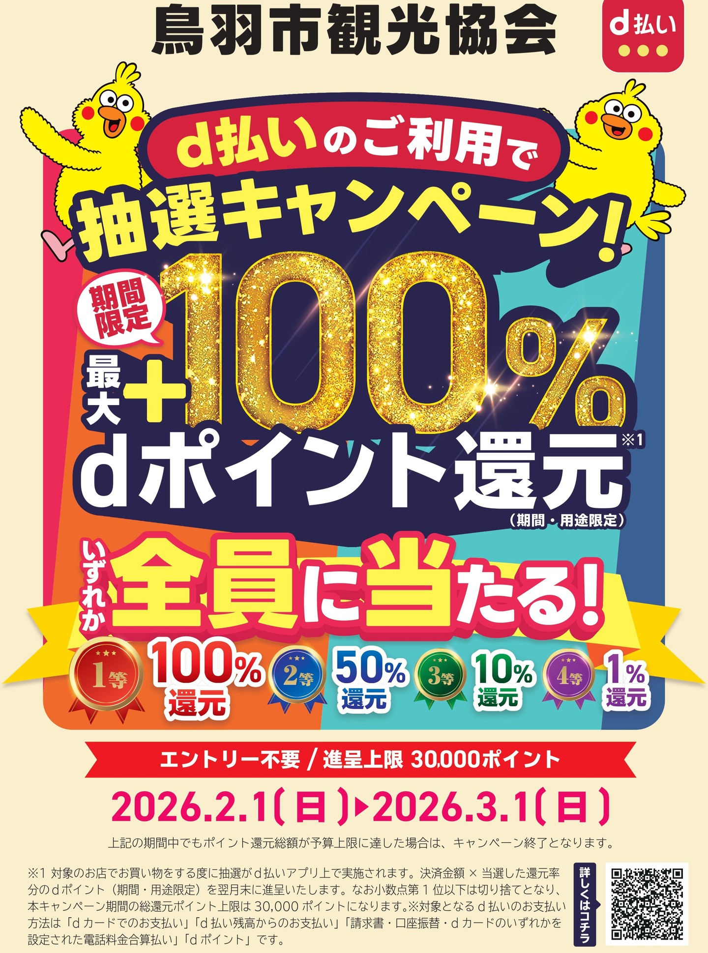 令和8年2月1日から3月1日の期間にて、鳥羽市観光協会とのコラボで、決済サービス「d払い」で支払いをした人を対象に、抽選で支払い金額が全額dポイントで還元されるキャンペーンが実施中です!是非、この2月は、鳥羽市にてd払いをご活用くださいませ♪
#三重県 #鳥羽市 #鳥羽 #鳥羽市観光協会 #d払い #dポイント